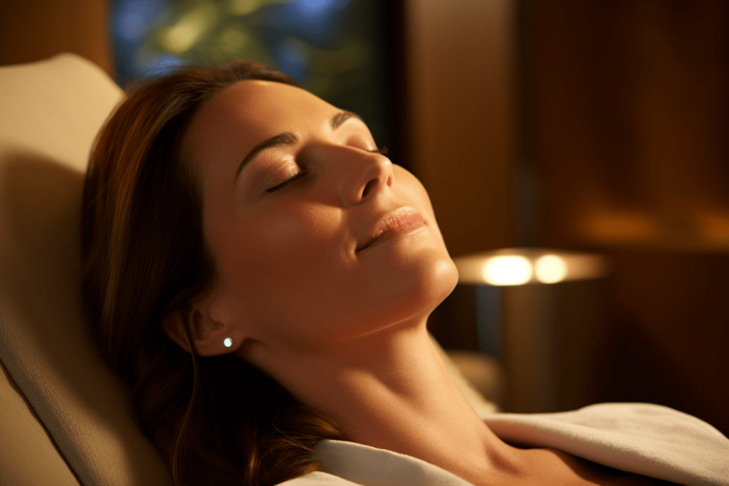 A woman in her 40s getting a facial at a high